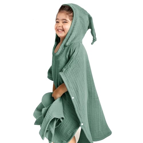 lulumoon Hooded Baby Poncho Towel: Muslin Bath Poncho for Toddler - Kids Beach Poncho Towels 23"x24" (Green)