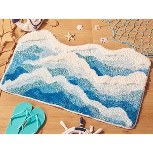 Large Blue Ocean Wave Bath Mat, Cute Funky Bathroom Rugs for Coastal Beach Nautical Themed Decor, Non-Slip Washable Accent Rug for Bedroom Kitchen, Trendy Tufted Shower Mats 47"x 24"