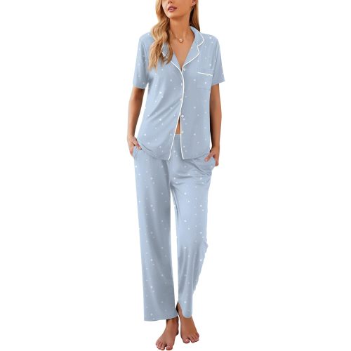 Ekouaer Women Pajamas Set Button Down Sleepwear Short Sleeve Nightwear with Long Pants Soft Pjs Set S-XXL