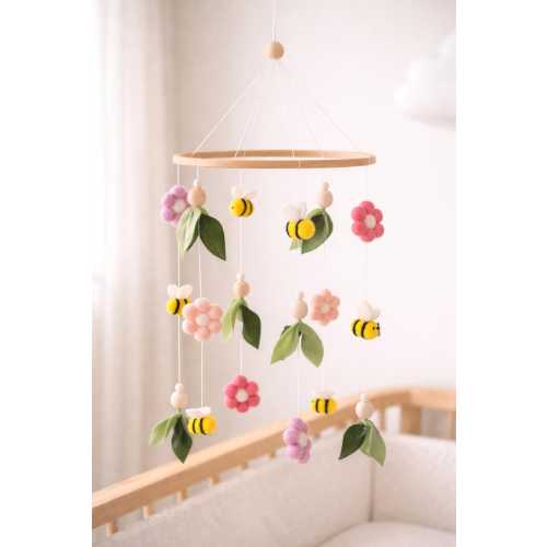 Floral-Themed Bees & Flowers Baby crib Mobile, boucle nursery decor, baby shower gift for baby announcement