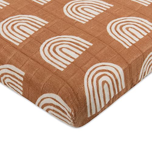 Babyletto 100% Organic Cotton All-Stages Midi Crib Sheet, GOTS-Certified, Fitted 360°, Ultra-Soft and Breathable Muslin - Terracota Rainbow