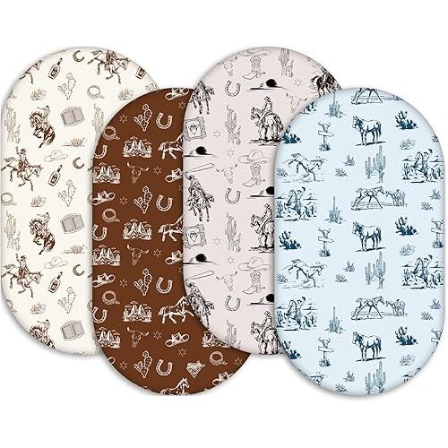 4 Pack Vintage Western Cowboy Bassinet Sheets, 32x16x3.9 Inches Soft Breathable Fitted Crib Sheets for Standard Bassinets, Cute Printed Newborn Bedding for Baby Boys & Girls