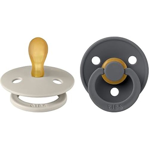 BIBS Pacifiers - Set of 2 | Colour Pacifier with Symmetrical Nipple | BPA-Free Natural Rubber | Made in Denmark | Sand / Iron, 0-6 Months