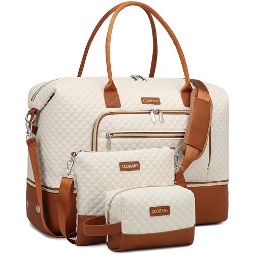 Weekender Bags for Women, Travel Duffle Bag Carry On Overnight Bag with Cosmetics Bag and Crossbody Purse for Gym Hospital, Gifts for Women, Beige Brown