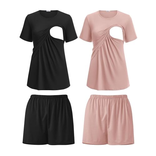 Ekouaer 2 Pack Women's Nursing Pajamas Set Double Layer Maternity Pjs Postpartum Loungewear Set Breastfeeding Tops & Shorts