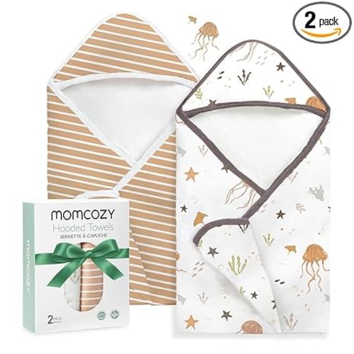 Momcozy Baby Towel with Hooded-2 Pack Soft Bath Towel Set-Shower Gifts or Bath Essential for Infant,Newborn, Toddler (28 X 28 Inch, Ocean Whimsy)