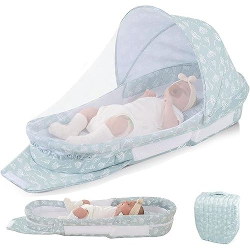 Portable Baby Lounger Bag, Foldabl Babies Nest with 2-in-1 Removable Mosquito Net, Infant Travel Nest Lounger, Easy Setup and Storage for Outdoors Indoors - Baby Registry (Light Green)