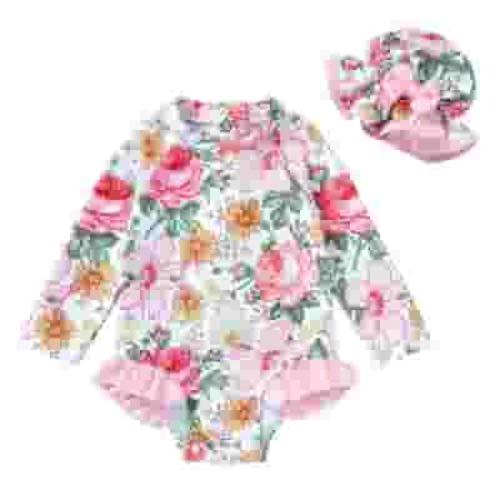 Younger Tree Infant Baby Girl One-Piece Swimsuit Long Sleeve Rash Guard Swimwear Hat Bathing Suit Set for 6-12 Months