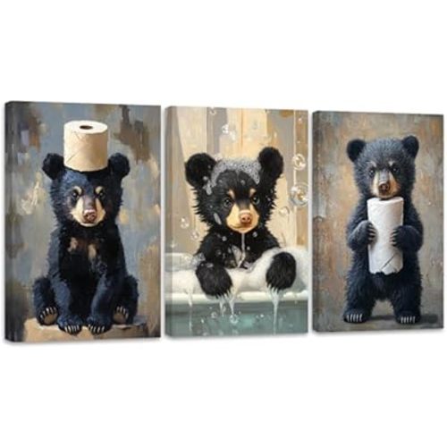 CGXLB Black Bear Wall Art Bear in Bathtub Painting Funny Animal Bathroom Canvas Animal Bath Pictures 3 Piece Decor for Cabin 12"x16"x3