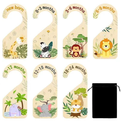 R HORSE 8Pcs Safari Baby Closet Dividers, Double Sided Nursery Hanger Dividers Wood Baby Closet Size Organizers for Boy Girl Birthday Christmas Gift (0-24 Months)