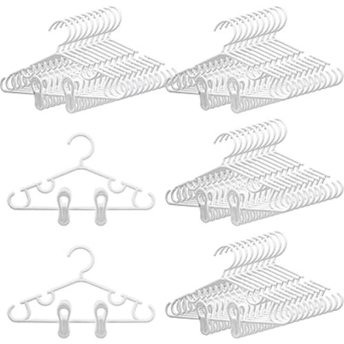 40 Pack Kids Baby Hangers with Clips Including 40 Pieces Small Plastic Baby Hangers and 80 Pieces Adjustable Clips for Toddler Closet Pants Coat Child Pants Skirts (120 Pcs, White)