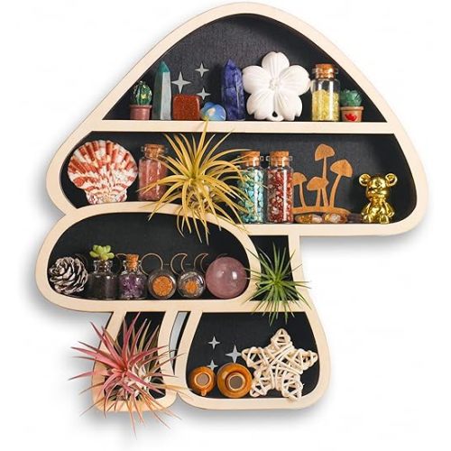Cute Mushroom Decor, Wooden Floating Mushroom Shelf for Wall, Crystal Display Shelf Rock Gem Stone Display Shelf Wall Mounted