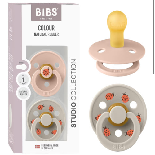 BIBS Studio Soother 2-Pack, BPA Free Dummy Pacifier, Round Nipple. Natural Rubber Latex, Made in Denmark, Size 1 (0-6 Months), Blush/Sand