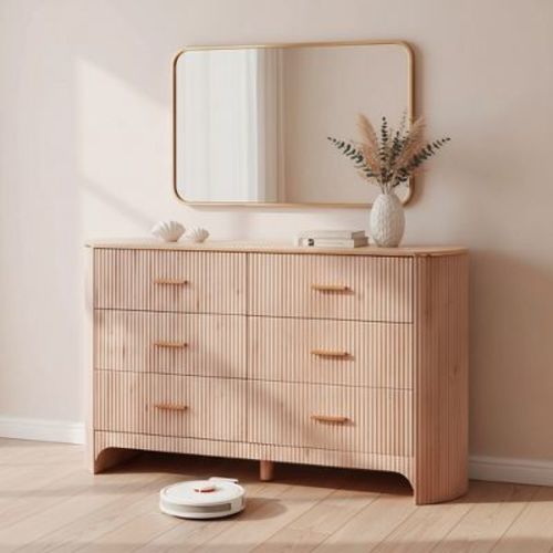 6 Drawer Dresser for Bedroom, 53.9" Wide Drawers with Gold Handles, Curved Profile, Wood Storage Dressers Organizer for Living Room