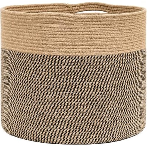 TIMEYARD Woven Basket for Organizing, 16'' x 14'' Wicker Basket for Blankets Toy Baskets with Handle, Jute Laundry Basket for Dirty Clothes Pillows, Black & Jute