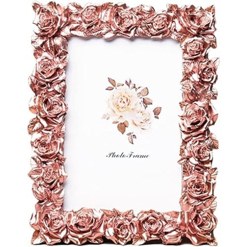 YONGYAN 5x7 Inch Orange Rose Flower Picture Frame Pastoral Style Ladies Photo Frame Home Decoration for Table Display