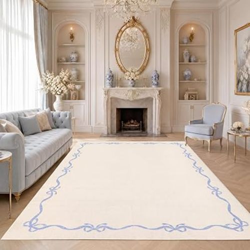 Garvee Solid Beige Rug for Bedroom Girls, 5x7 Bow Area Rugs for Living Room with Soft Low Pile, Non Slip Coquette Washable Rug 5x7 for Nursery Kids Playroom Dining Room College Dorm Carpet