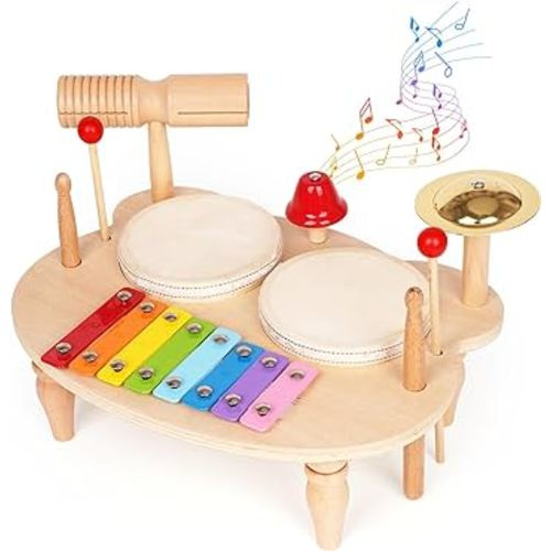 Kids Drum Set for Toddlers Baby Montessori Music Instruments Toy Wooden Xylophone Music Toy Kit Musical Table Natural Educational Percussion Drumming Xylophone Sensory Toys for Kids