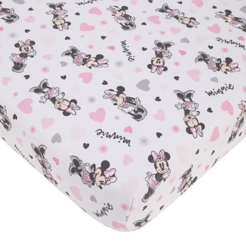 NoJo Disney Minnie Mouse My Happy Place Pink, Black, Gray, and White 100% Cotton Nursery Fitted Crib Sheet
