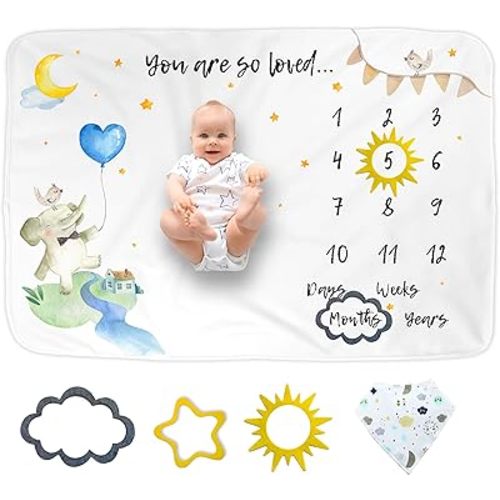 Luka&Lily Baby 100% Soft Premium Fleece Blanket, Elephant Theme, 60x40 Inch, Unisex, Includes Milestone Markers & Bandana Bib