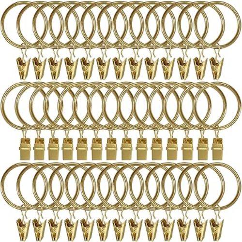 40 Pack Metal Curtain Rings with Clips, Curtain Clip Rings Hooks for Hanging Drapery Drapes Bows, Curtain Rod Rings 1.5 inch Interior Diameter, Gold