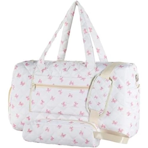 NEW Large Floral Quilted Duffle Bag Coquette Pink Bow Portable Gym Lightweight Weekender Bag for Women with Makeup Pouch with Dry and Wet Separation for Women Travel Hospital