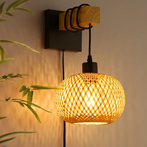 Farmhouse Plug in Wall Sconces Light Fixture for Bedroom, Living Room, Bamboo Rattan Lantern Lampshade Wood Beam Wall Mounting Hanging Lamp, Vintage Rustic Wall Decor(Without Bulbs)