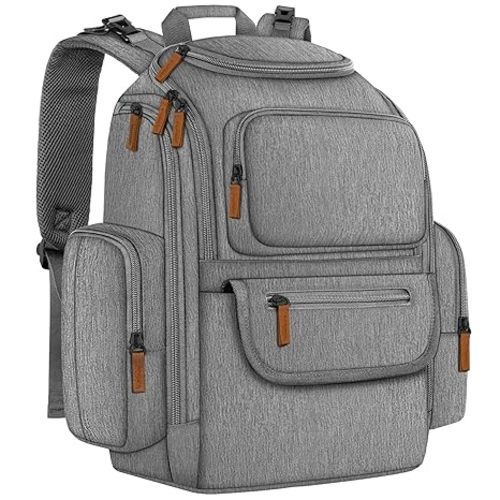 Mancro Diaper Bag Backpack, Multifunctional Baby Diaper Bag Backpack For Men Women with Stroller Straps, Travel Water Resistant Baby Diaper Backpack with 2 Side Insulated Pockets, White Grey