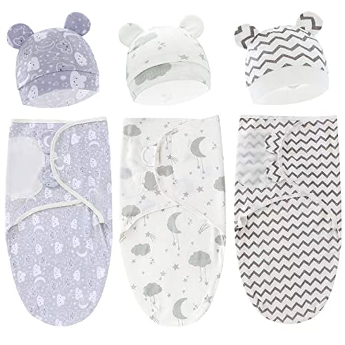 Exemaba Baby Swaddle Sleep Sack with Hat Set for 0-3 months 3-Pack Soft Cotton Newborn Wearable Swaddle Wrap for Girls Boys
