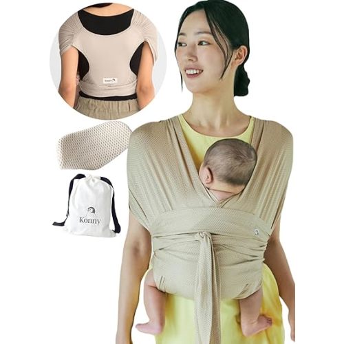 Konny New and Improved Baby Carrier Flex AirMesh(Head Support) - Adjustable Summer, Easy to Wear, Baby Wrap Carrier, Perfect for Newborn Babies Essentials up to 44 lbs (XS-XL) - Honey Beige