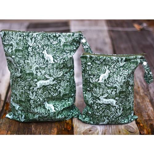 Rifle Paper Co. Woodland Wet Bag: Waterproof Zipper Pouch with Snap and rabbits
