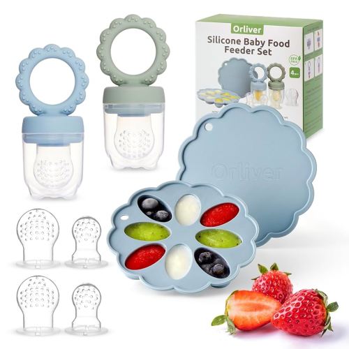 Silicone Baby Fruit Food Feeder Breastmilk Popsicle Molds Set, Baby Food Freezer Tray for Cooling Teething Relief, Baby Food Feeder for Safe Infant Self Feeding, Includes 6 Extra Food Pacifier
