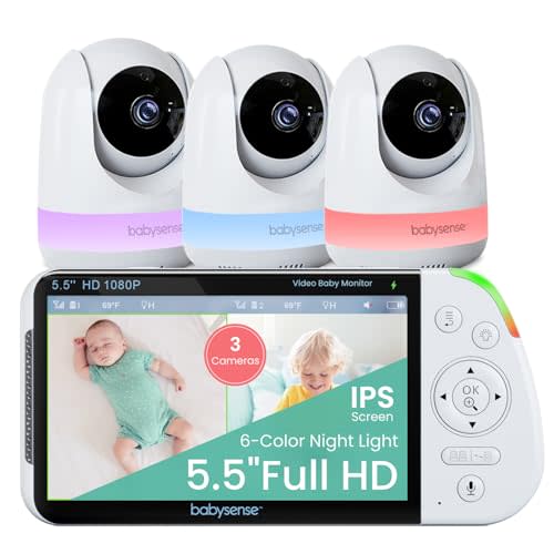 Babysense 5.5" Full-HD Split-Screen Baby Monitor, 1080p Video Baby Monitor with Camera and Audio, 3 Cameras with 6-Color RGB Night Light, 1000ft Range, Two-Way Audio, 4X Zoom, Large Battery