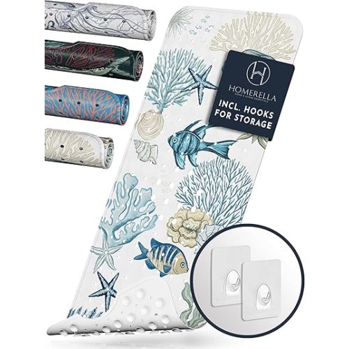 Homerella Baby Bath Tub Mat | Anti Mold Mildew Resistant Non Slip Kids and Adult Bath Tub Shower Mats | 40x16 inch Long with Suction Cups for Secure Grip Hooks for Storage & Drying | Machine Washable