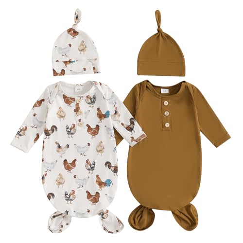woshilaocai 2 Pack Baby Boy Girl Gown Sleeper Newborn Knotted Nightgown and Hat Set Infant Sleepwear