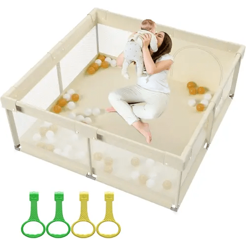 ZEEBABA Beige Baby Playpen 59x59 in, Playpen for Babies and Toddlers, Play Pen for Kids, Play Yard for Infants with Gate (Without mat)