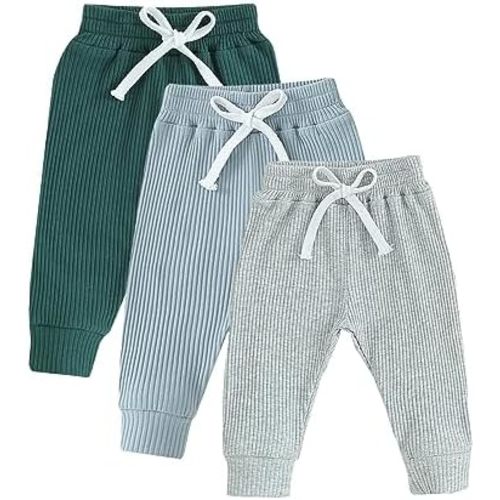 Pivanzore Toddler Baby Boys Girls Sweatpants 3 Pack Solid Color Elastic Waist Bottom Pants Newborn Infant Trousers