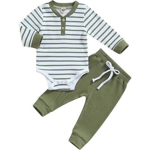Newborn Baby Boy Girl Clothes Ribbed Knitted Long Sleeve Romper Pants Solid Cotton Infant Fall Winter Outfits 2Pcs (Striped Green, 3-6 Months)