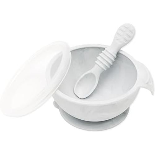 Bumkins Baby Bowl, Silicone Baby Feeding Set with Suction for Baby and Toddler, Includes Spoon and Lid, First Feeding Set, Essential for Baby Led Weaning for Babies 4 Months, Marble