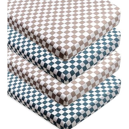 4 Pack Checkered Crib Sheets Neutral Breathable Fitted Baby Sheets Nursery Sheets for Baby Boys or Girls (Crib Sheet)