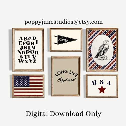 Vintage Americana Nursery Gallery Wall, Transportation Bedroom, Classic Americana, American Heritage Bedroom Wall Art, American Flag Art
