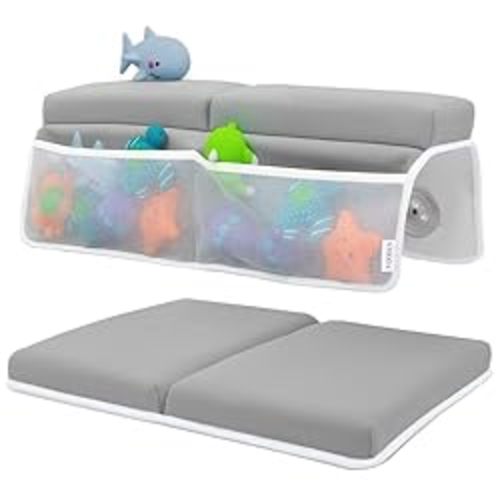 Comfortable Baby Bath Kneeler and Elbow Rest Pad Set - Thickest Bathtub Kneeler Pad with Memory Foam and Bath Toys Organizer - Bath Kneeling Pad- Relieve your Knees and Elbows (Grey)