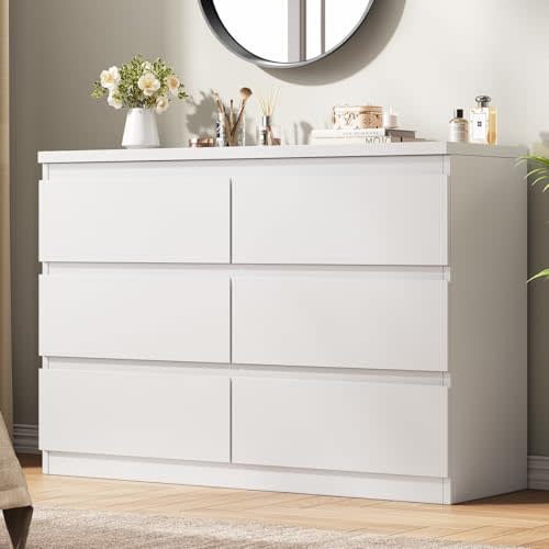 Jocoevol White 6 Drawer Dresser for Bedroom, 15.3" D x 47.2" W x 32.3" H in Simply Modern Chest of Drawers, Wood Storage Double Dresser with Deep Drawers for Living Room, Hallway Entryway, White