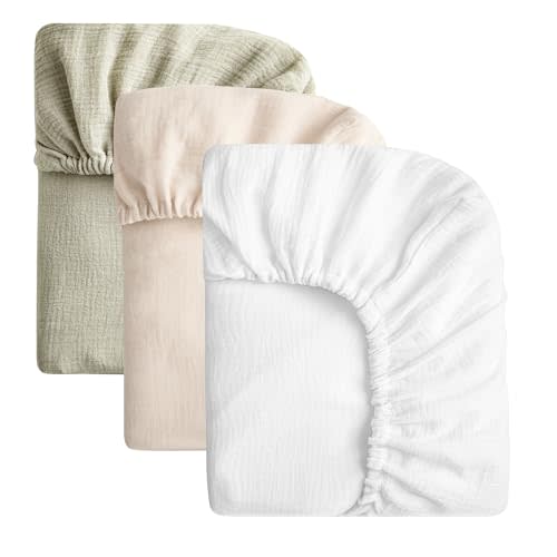 SOULFUL Muslin Crib Sheets for Boys Girls, 2 Pack Soft and Breathable Organic Cotton Fitted Crib Sheets for Standard Crib Mattress (28"x 52", White & Beige & Mist Sage)