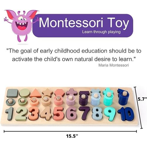 BEKILOLE Wooden Number Puzzle for Toddler Activities - Montessori Toys for Toddlers Shape Sorting Counting Game for Age 3 4 5 Year olds Kids - Preschool Math Learning Toys for Toddlers - Macron