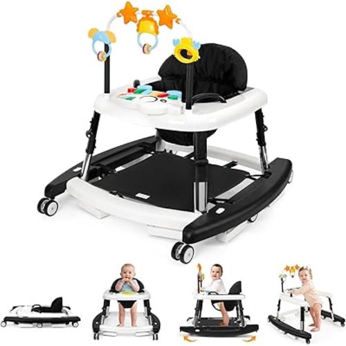 5-in-1 Music and Lights Baby Walker Foldable with 5 Adjustable Heights, Baby Walker with Wheels and Bouncer Combo Portable, Infant Toddler Walker for Baby Boy Girls 6-18 Months