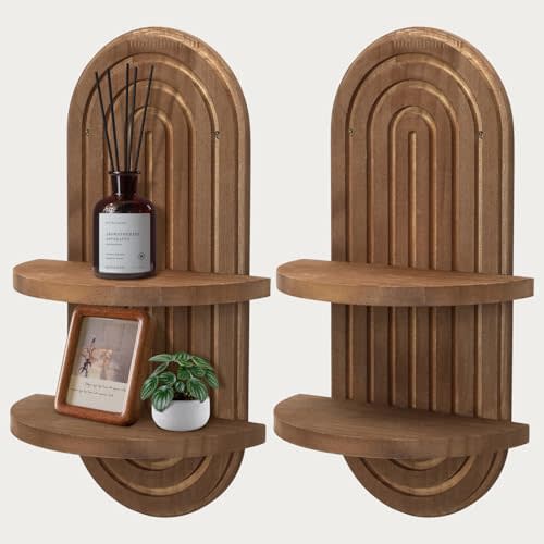 SHOHAYTO Boho Wall Shelves Set of 2 - Rainbow Arch Floating Shelves for Bedroom, Wooden Wall Shelf with Double Layer Design, Mid Century Modern Decor for Nursery, Living Room & Office