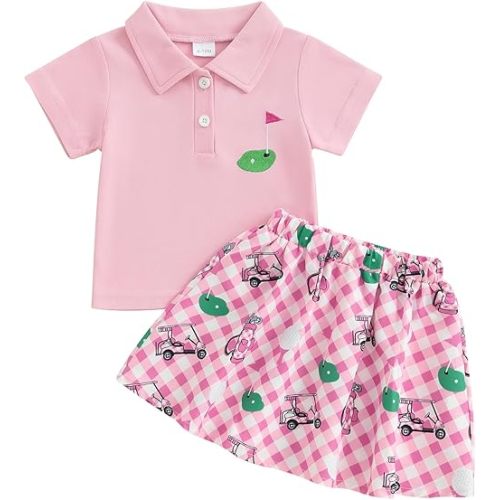 Toddler Baby Girl Golf Outfit Short Sleeve Hole in One Golf Polo Shirt Mini Skirt Set Cute Girls Summer Clothes