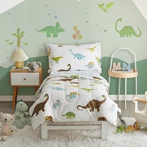 4 Pieces Toddler Bedding Set Dinosaur White with Colorful Dinos and Monsters Toddler Comforter Sheet Set for Autumu and Winter Includes Comforter, Flat Sheet, Fitted Sheet and Pillowcase