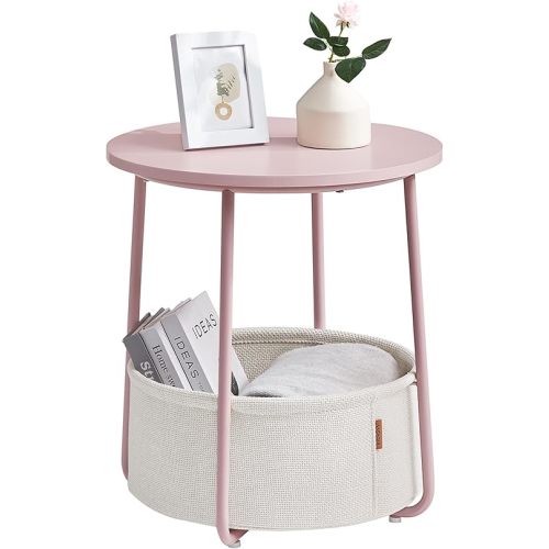 VASAGLE Small Round Side End Table, Modern Nightstand with Fabric Basket, Jelly Pink and Cream White ULET223R61